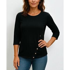 Carmen Marc Valvo Button Detail Luxe Sweater Black 3/4 Sleeve Pullover Size M